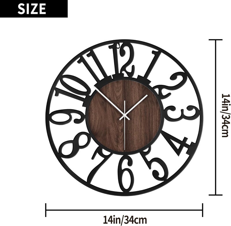 LEIKE Large Wall Clocks,Silent,Non Ticking,Battery Operated Small Vintage Round Modern Wood Wall Clock for Living Room, Bedroom,Kitchen,Farmhouse,Office Decor-13.5 Inch(Black-Arabic Number) - Image 3